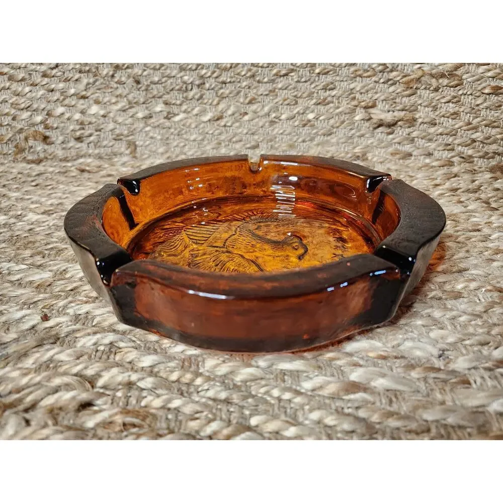 Vintage Amber Glass US Coat of Arms American Eagle Shield 7 Stars Ashtray 10”